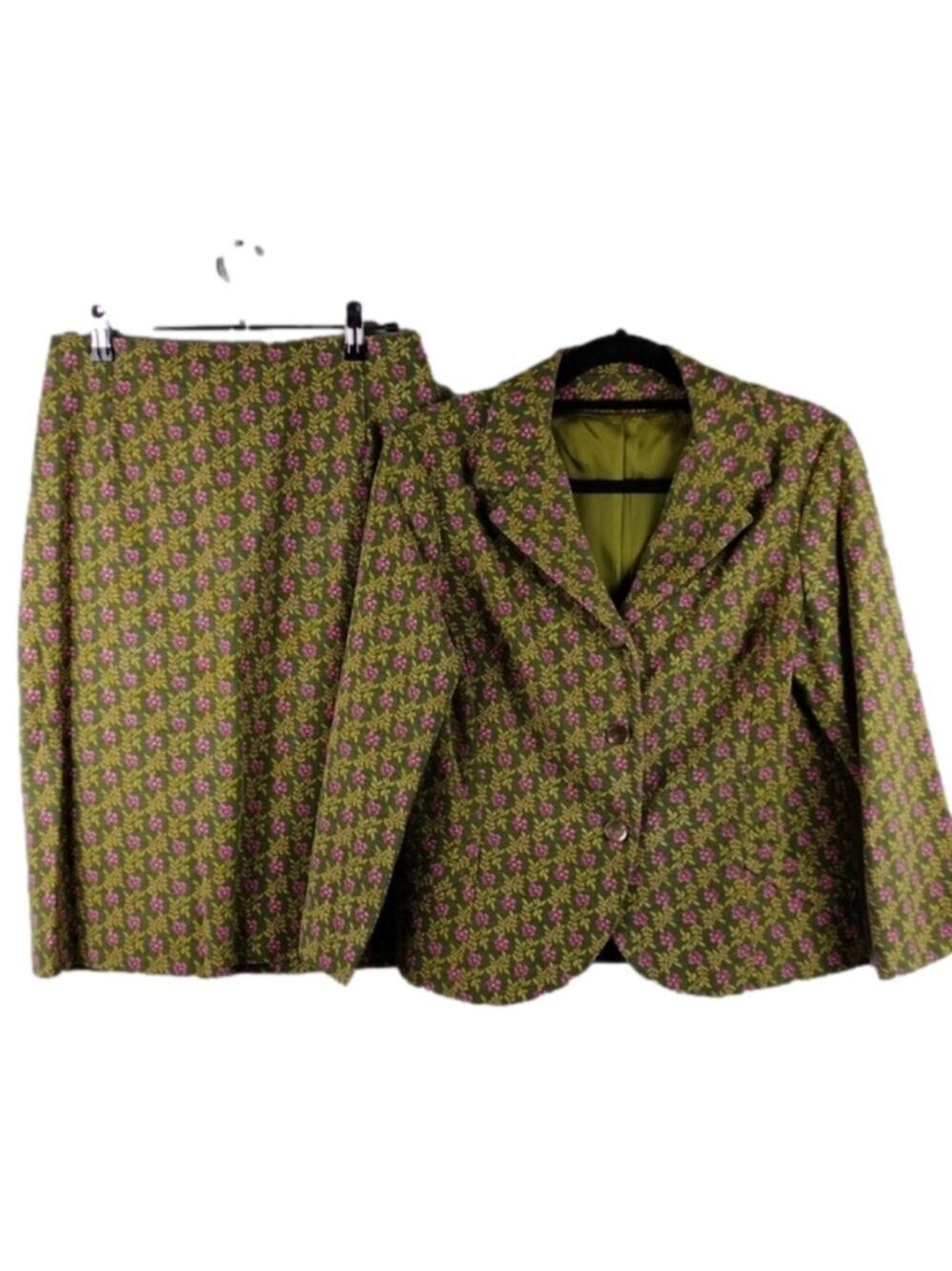 Handmade Olive Green Pink Floral Single-Breasted Blazer A-Line Skirt Set